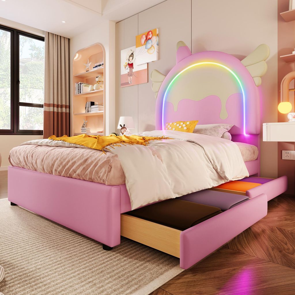 Polsterbett 90x200 cm mit LED & Schubladen, PolyurethanEinhorn Kinderbett mit Leuchtleiste, modernes Einzelbett für Kinderzimmer & Jugendzimmer,Rosa