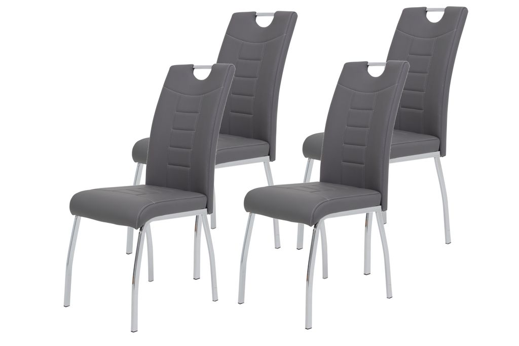 Four gray dining chairs with chrome legs are arranged on a white background.