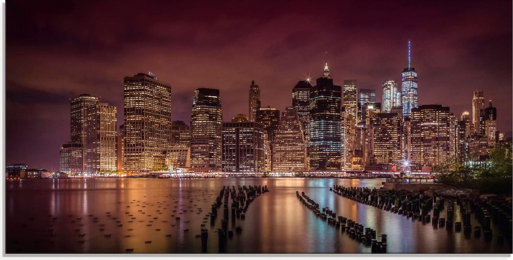 ARTland Glasbild New York City Impression bei Nacht I Größe: 100x50 cm