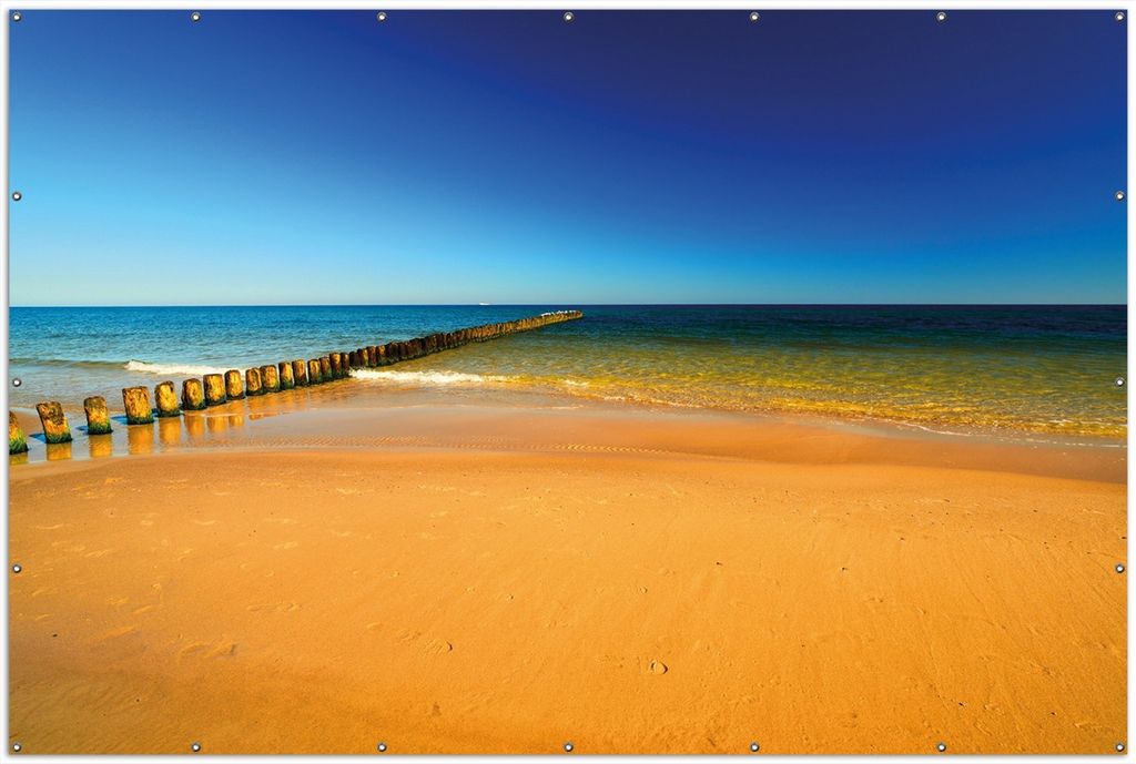 Wallario XXL Outdoor-Poster für Garten oder Balkon, Motiv Sandstrand in orange - Blaues Meer - Blauer Himmel, in ca. 300 x 200 cm