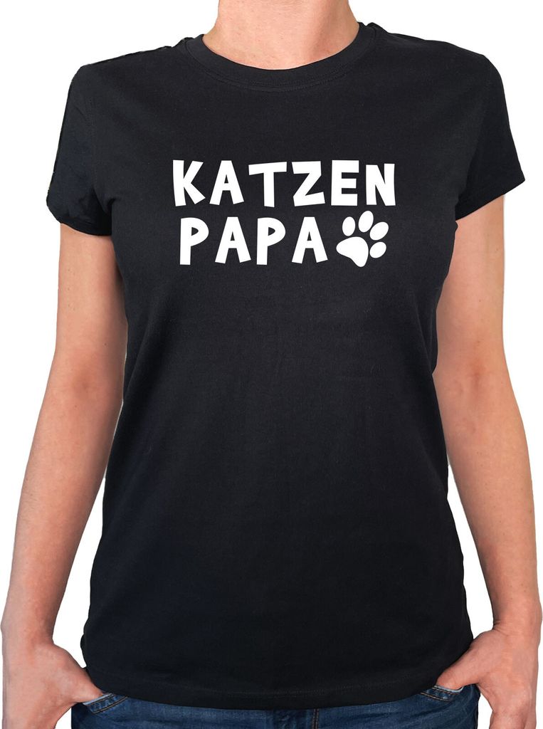 Huuraa Damen T-Shirt Katzenpapa Tapse XS Black Bio Baumwolle Fairtrade Damenshirt Geschenkidee