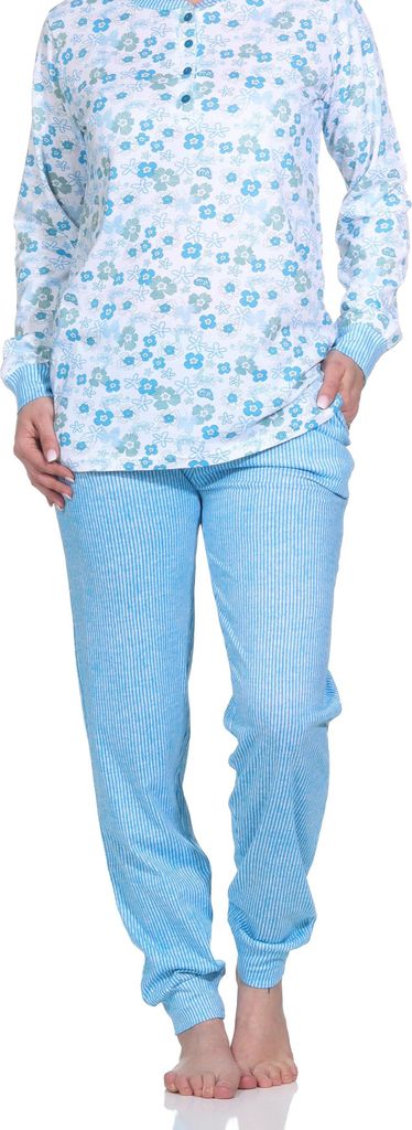 Damen langarm Schlafanzug mit Bündchen, Pyjama Hose in feiner Streifenoptik ; blau , 48/50