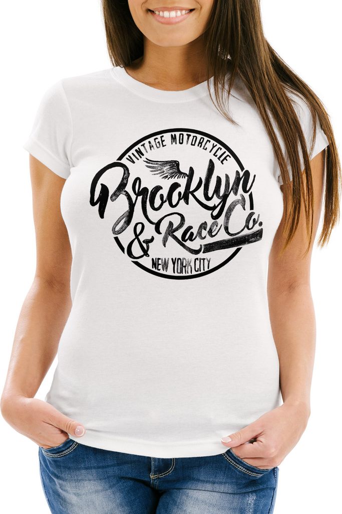 Damen T-Shirt Brooklyn Race Motorcycle Vintage Watercolor Slim Fit Neverless weiß L