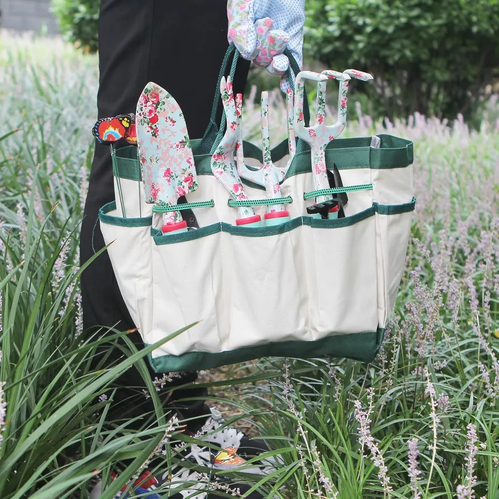 Set de jardinage robuste 12 pièces à motif floral avec grand sac de rangement
