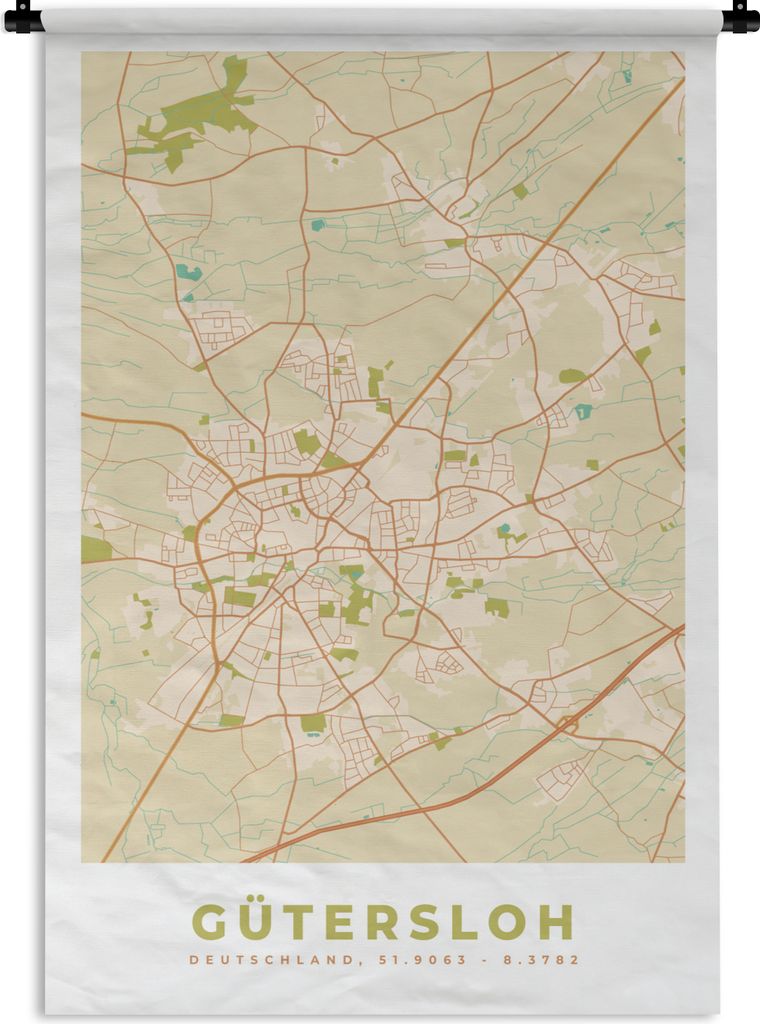 MuchoWow Wandteppich Wandbehang Gütersloh - Karte - Stadtplan - Vintage 90x135 cm Tapisserie Dekoration Wandtuch - Baumwolle - Wandskulptur
