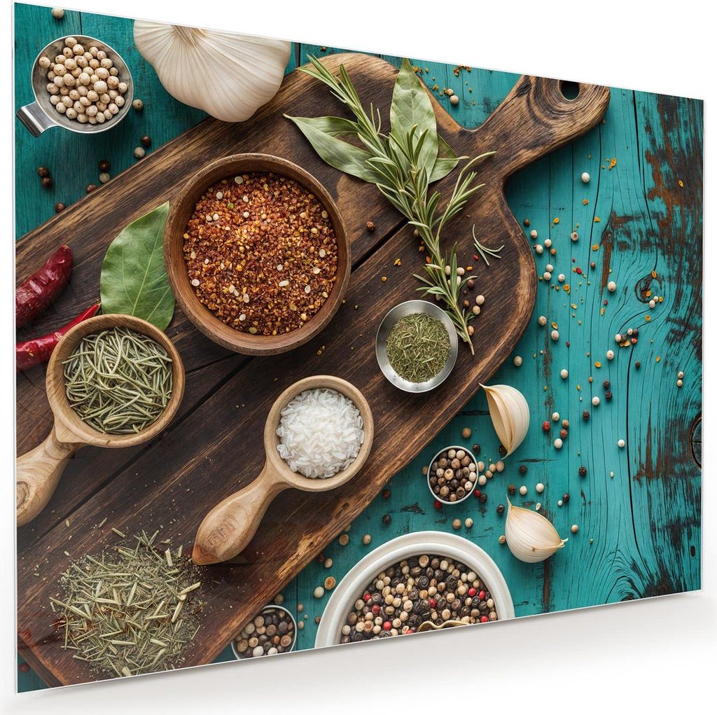 Glasbild 120x90cm in XXL für Wohnzimmer, Schlafzimmer Motiv Küchenzutaten Holztisch