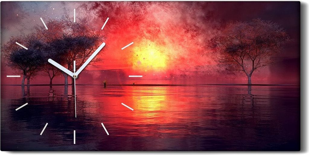 Leinwand Uhr Küche Wohnzimmer Bild 60x30 Bild See abstrakt Sonnenuntergang Baum - weiße Hände