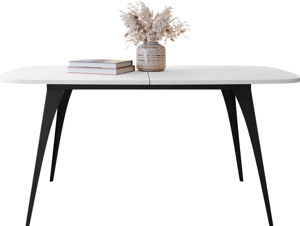 MIRJAN24 Tisch Aura 160, Ausziehbar, Industrial, Abgerundete Tischkanten, Beine aus Stahl, Esszimmertisch, Loft (Farbe: Schwarz / Arktisches Weiß)