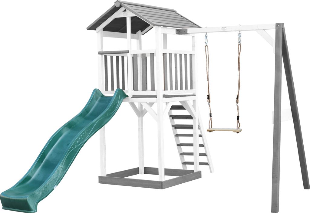 AXI Beach Tower Spielturm aus Holz in Weiß & Grau | Spielhaus für Kinder mit grüner Rutsche, Schaukel und Sandkasten | Stelzenhaus für den Garten