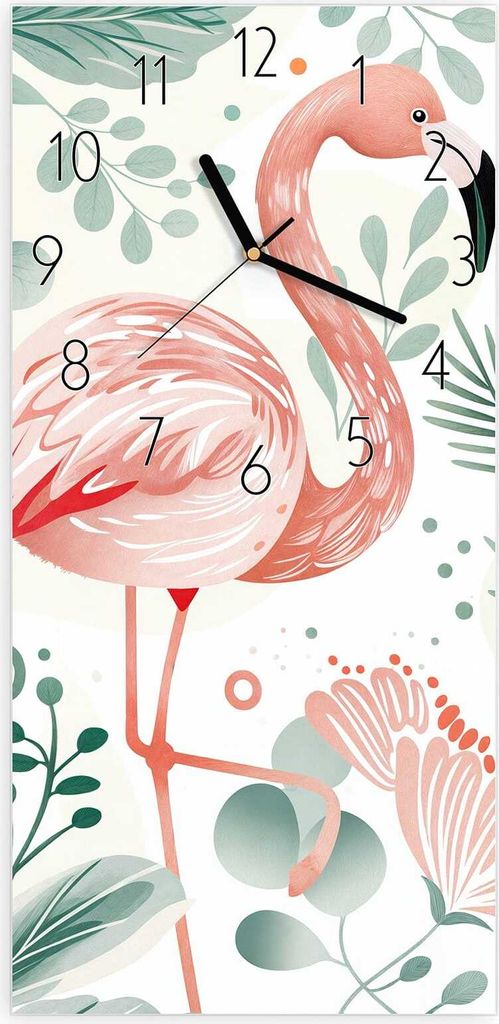 Wanduhr aus Glas mit Motiv Flamingo Blätter- 30 x 60 cm - inkl. Aufhängesystem