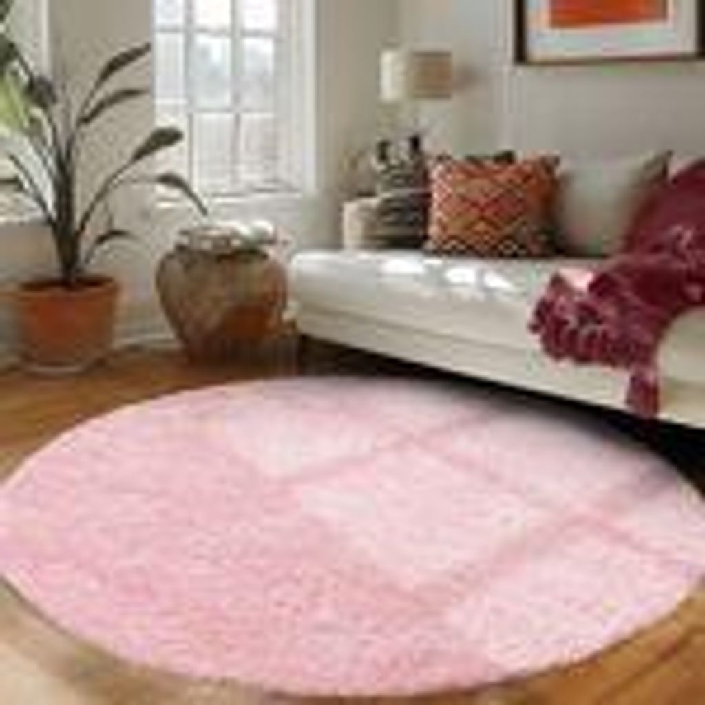Teppich Wohnzimmer Hochflor Einfarbiges Design Langflor Shaggy Modern Flauschig, Größe: 120 cm Rund, Farbe: Rosa