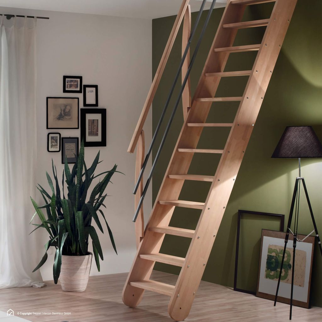 Raumspartreppe Intercon Living in Buche, beidseitiges Geländer | Holztreppe mit 12 Stufen für Geschosshöhen bis 285 cm