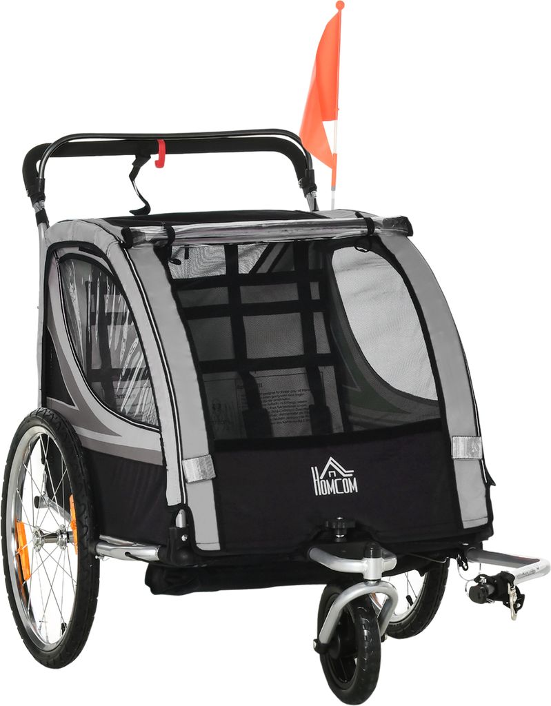 HOMCOM 2 in 1 Kinderanhänger klappbar Fahrradanhänger mit abnehmbarem Vorderrad, Hinterradbremsen, Kinderfahrradanhänger für 2 Kinder ab 18 Mon...