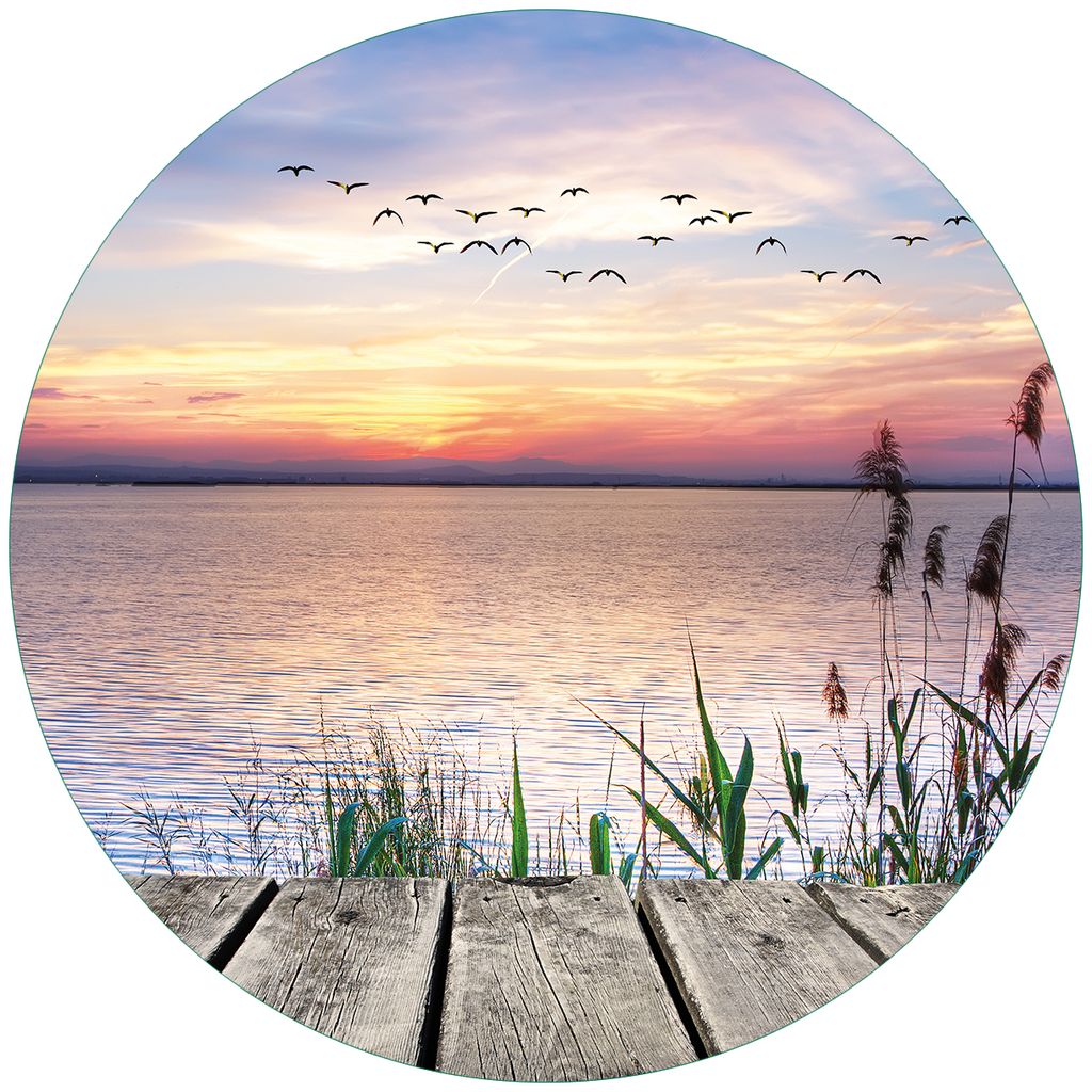 Wallario Premium Glasbild, freischwebende Optik, kräftige Farben, rund 50cm Durchmesser, Motiv Seepanorama mit Schilf und fliegenden Vögeln