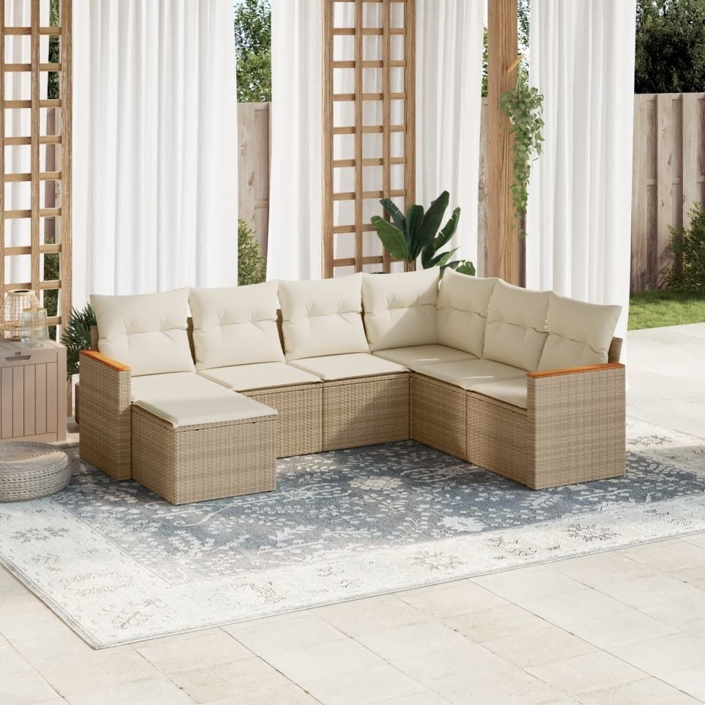 Design 7-tlg. Garten-Sofagarnitur mit Kissen Beige Poly Rattan, Gartenmöbel-Sets 2024 Neu