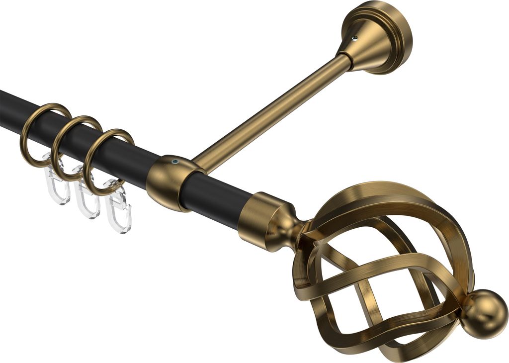 Interdeco Gardinenstange / Vorhangstange Schwarz / Messing Antik, Typ Primus Paolo (Schmiedekugel), 16 mm Ø 1-läufig, 160 cm