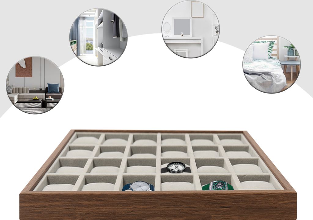 A watch organizer box with multiple compartments, surrounded by circular lifestyle images of home interiors.