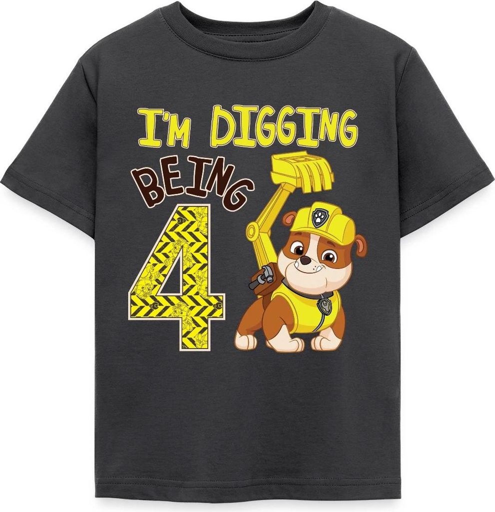 Spreadshirt Paw Patrol Rubble 4. Geburtstag Kinder T-Shirt, 110/116 (5-6 Jahre), Dunkelgrau