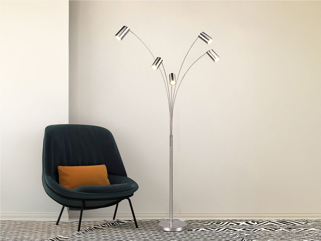 Große LED Bogenlampe Silber 5flammig, Spots schwenkbar - Stehlampe Wohnzimmer