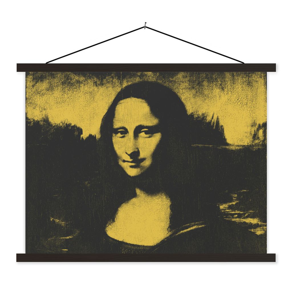 MuchoWow Textilposter Mona Lisa - Leonardo da Vinci - Schwarz - Gelb 60x45 cm mit schwarzem Rahmen - Poster Schlafzimmer