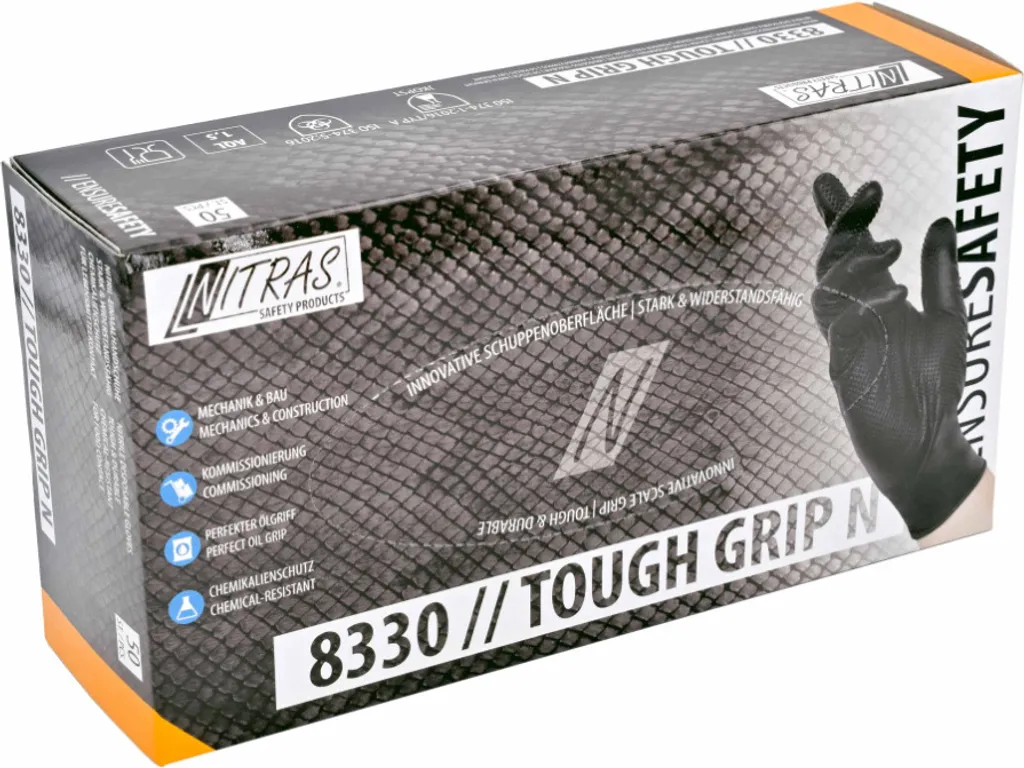 Guanti Nitrile Neri NITRAS TOUGH GRIP N - 10x50 Pezzi Grip Squamoso