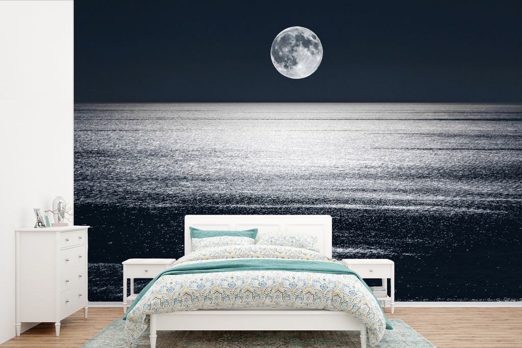 MuchoWow Fototapete für Wohnzimmer oder Schlafzimmer Wandtapete Vinyl Motivtapete Meer - Mond - Wasser - 360x240 cm - Vinyl-Tapete