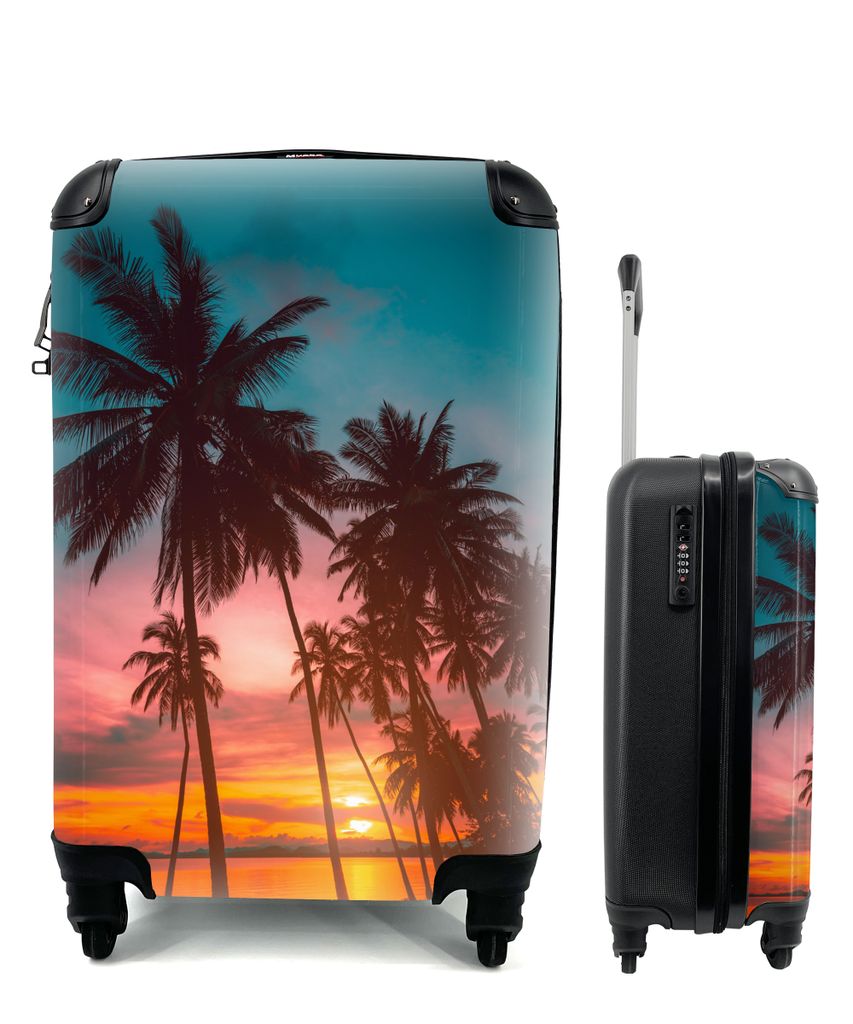 MuchoWow Koffer Handgepäck Trolley Rollkoffer Kleine Reisekoffer mit 4 Rollen - Meer - Palme - Sonnenuntergang - Strand - Silhouette - Cabin Siz...