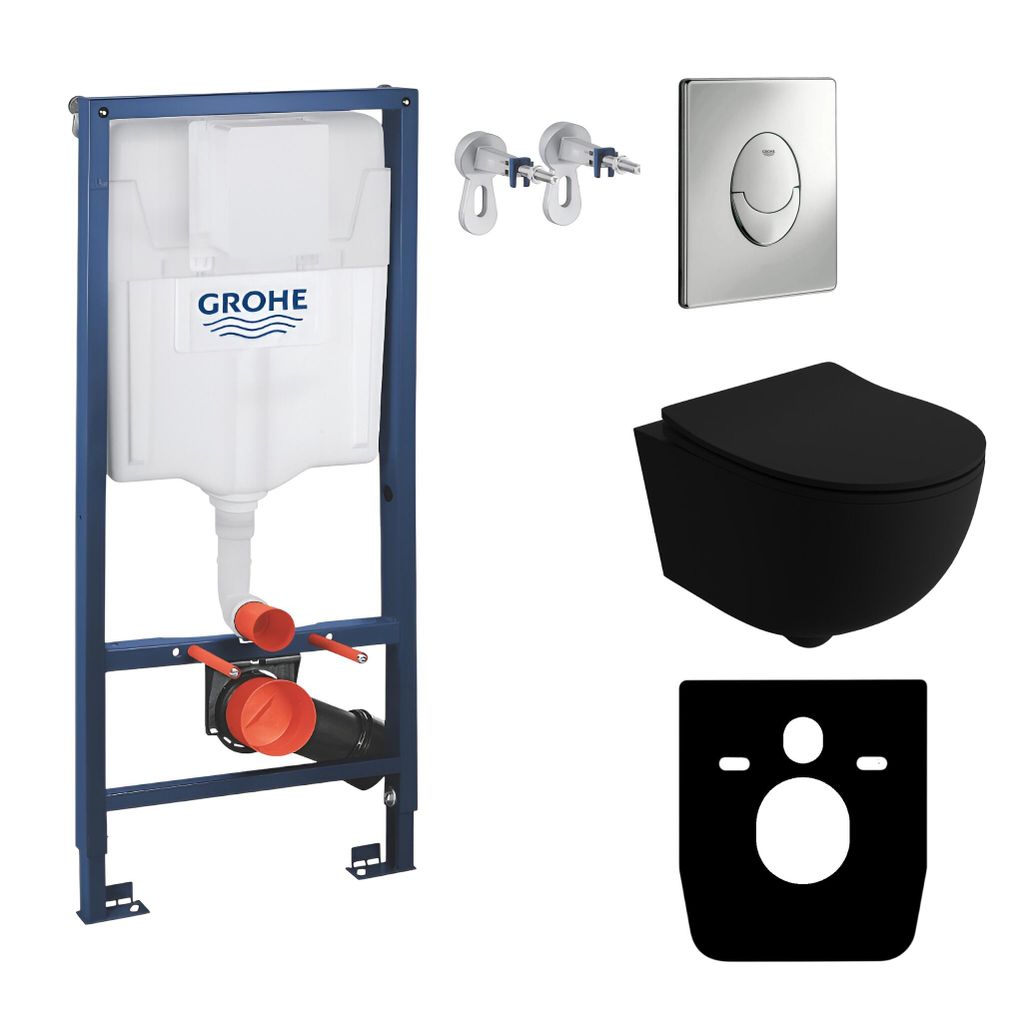 GROHE Vorwandelement Solido Start + Wand Hänge WC Brava Schwarz Spülrandlos + WC-Sitz SoftClose | Verchromter Knopf | Komplettset | Unterputz Sp...