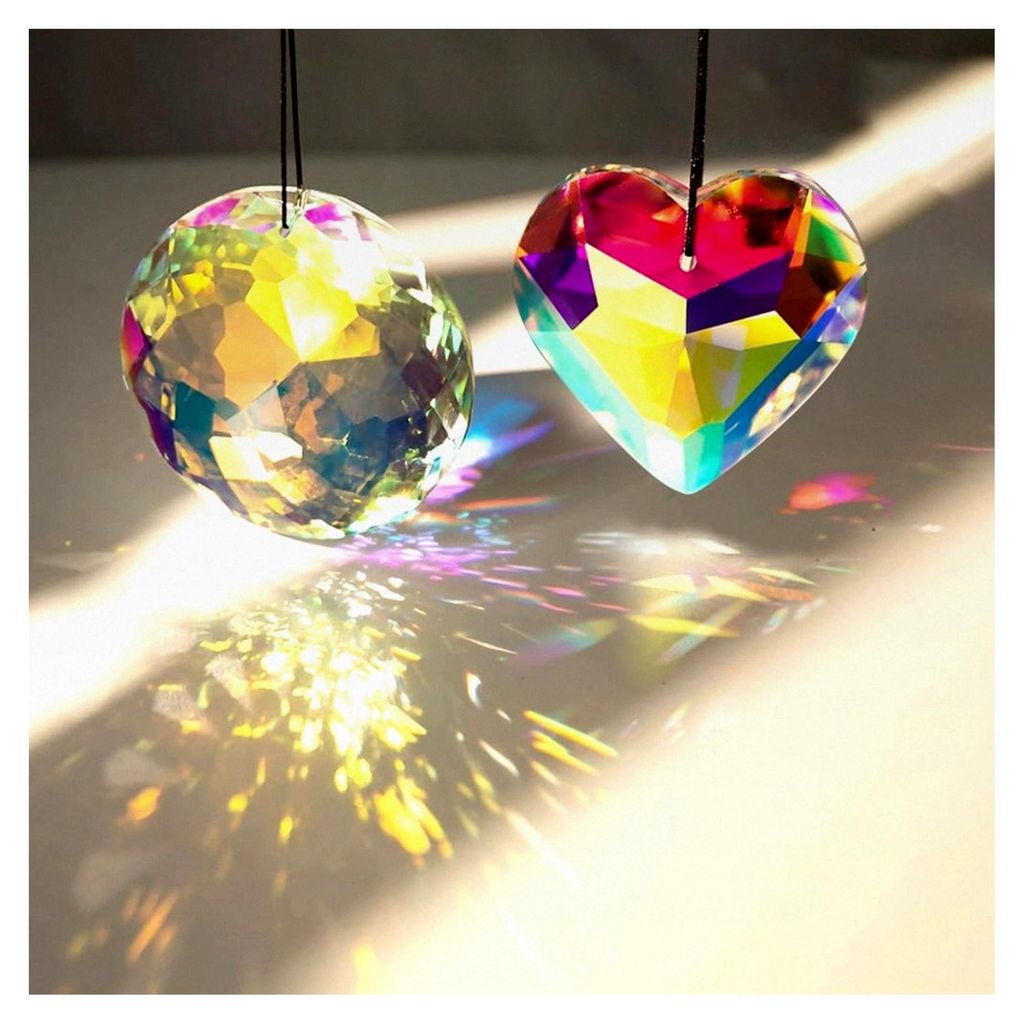2 Stück Sonnenfänger aus Kristallherz und rundem Prisma 45mm K9 Kristallglas in Regenbogenfarbe, hängende Fensterdekoration für Zuhause, Garten...