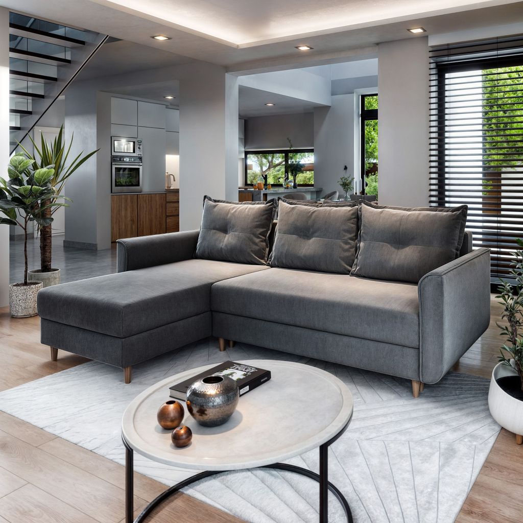 Masseno Ecksofa PISAN R-S mit Schlaffunktion L-Form, Sofa mit Bettkasten, Wohnzimmersofa, Couch, Soffa, Bettsofa, Couchgarnitur- Grau, PAROS 06