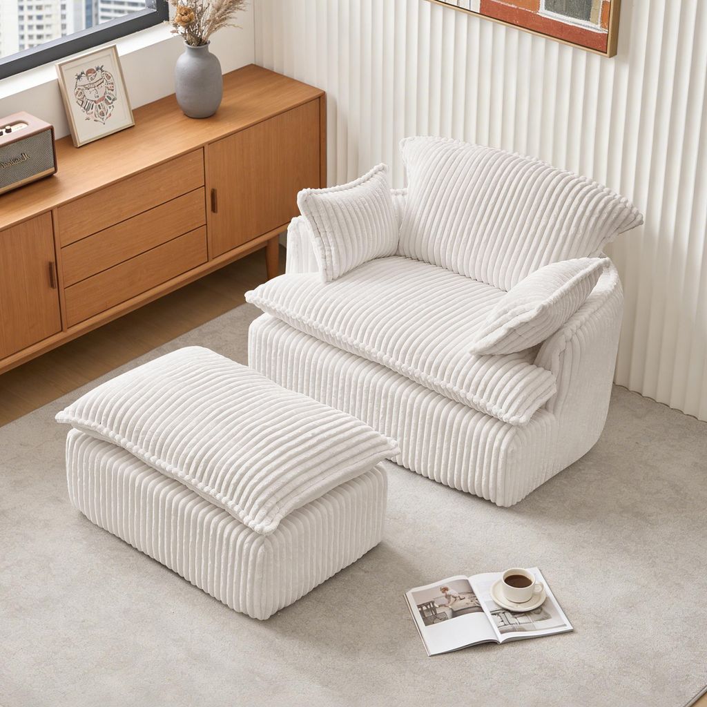 Komprimierter Cloud-Sofa-Sessel mit Hocker, umwandelbarer Kord-Sessel kuschelweich, für kleine Räume, Wohnzimmer & Studentenwohnung,beige