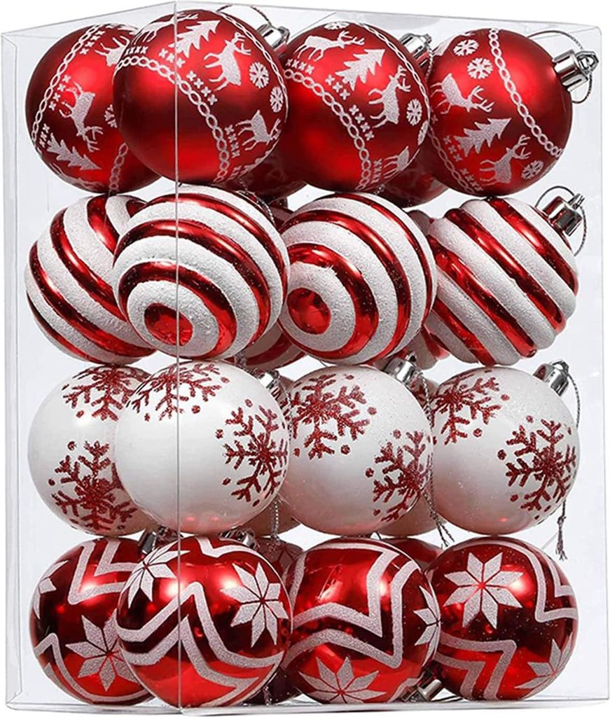 Kugelset - 24 unzerbrechliche Ornamente für Weihnachtsbaumdekoration, 6 cm, rot-weiß