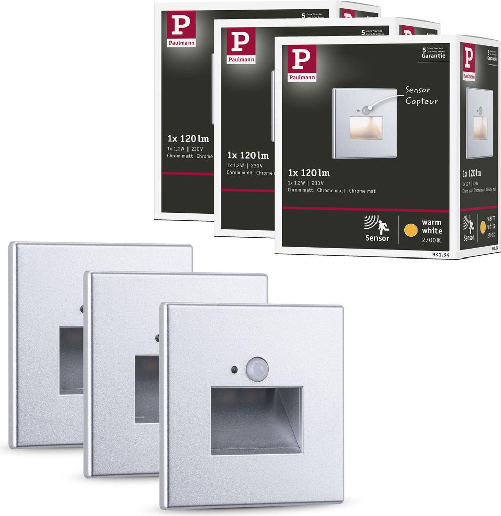Paulmann Edge LED Wandeinbauleuchte 3er-Set Chrom matt mit PIR-Sensor