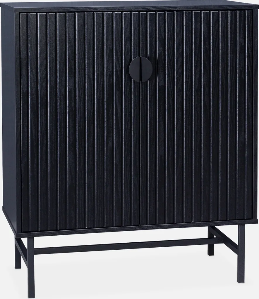 Credenza Effetto Legno 80cm con Scanalature Nere - Design Moderno 2 Ante