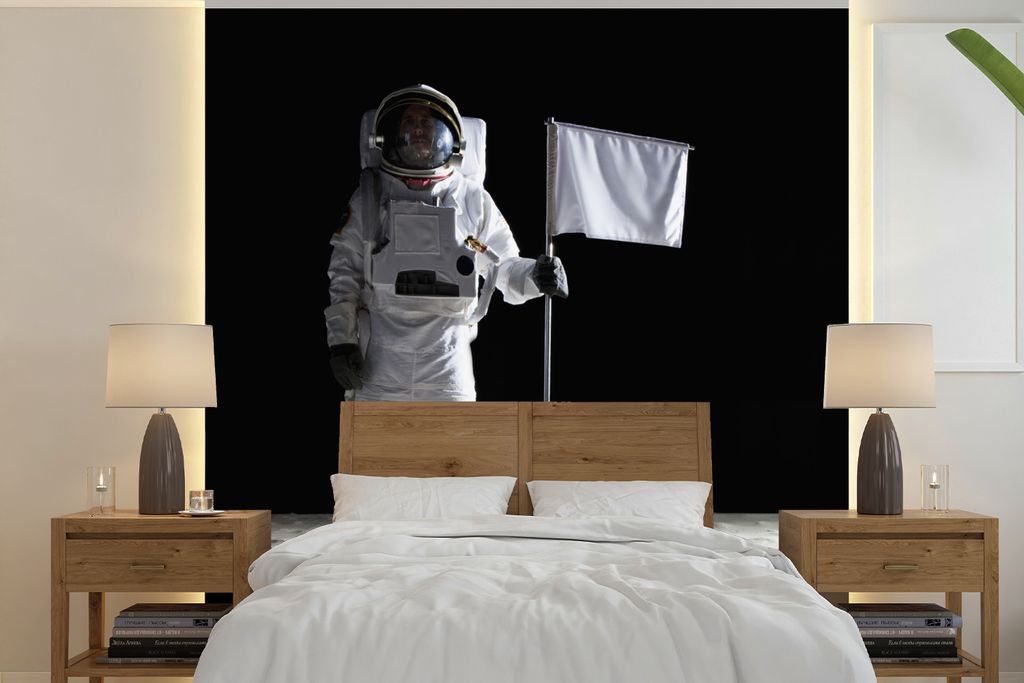 MuchoWow Fototapete für Wohnzimmer oder Schlafzimmer Wandtapete Vinyl Motivtapete Mond - Weltraum - Astronaut - 300x300 cm - Wanddekoration