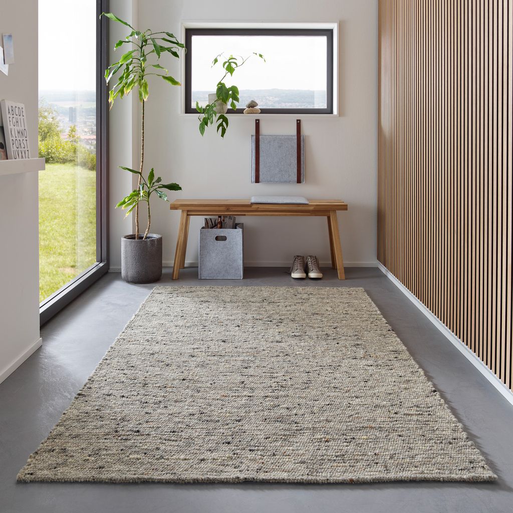 Wollteppich Handweb Teppich Gewalkt I Reine Schur-Wolle im Skandinavischen Design I Wohnzimmer Schlafzimmer Esszimmer Kinderzimer Büro | Grau Meliert