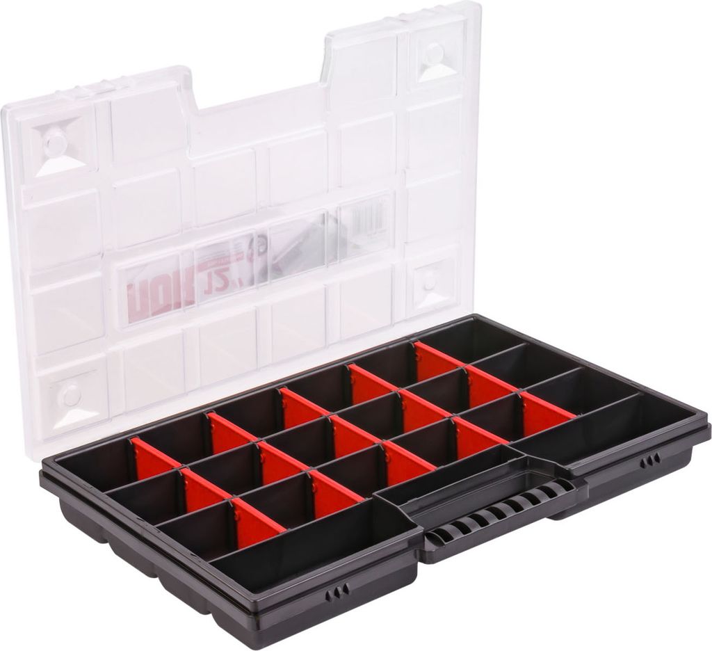 An open black plastic organizer box with red dividers and a clear plastic lid, showing multiple compartments.