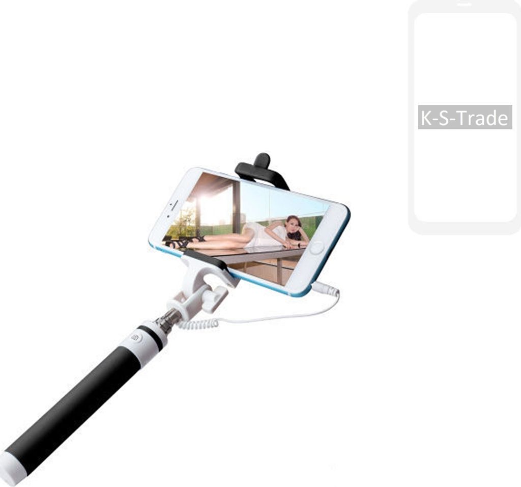 K-S-Trade Selfie Stick kompatibel mit Huawei Mate 20 Pro Selfiestick kabelgebunden Monopod mit Kabel Stab Stange Selfportrait Handheldstick schwarz