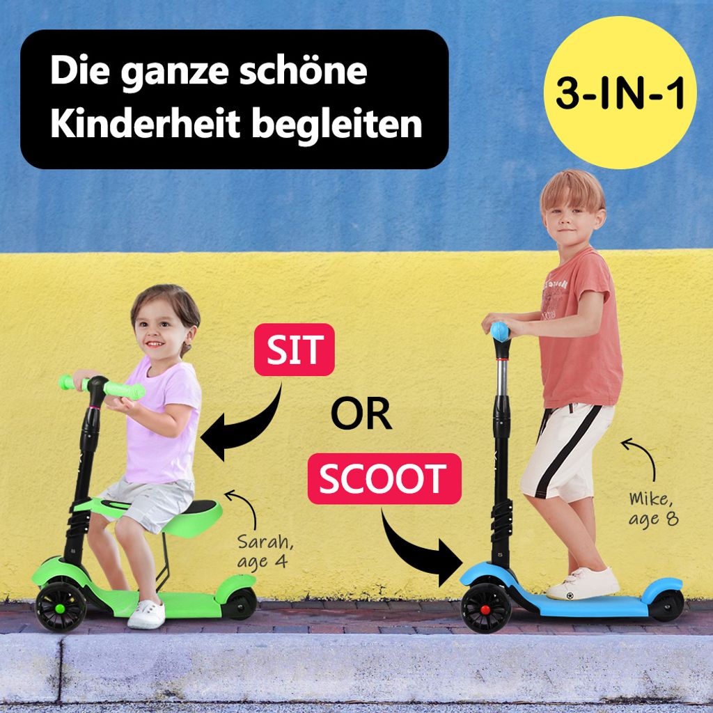 3 in 1 LED Kinderroller Kinder Scooter 3-Räder Cityroller mit Sitz Schubstange 