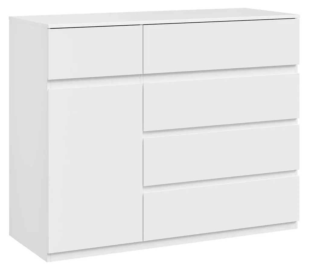 Buffet de Rangement Blanc Moderne avec Étagère Ajustable et 5 Tiroirs