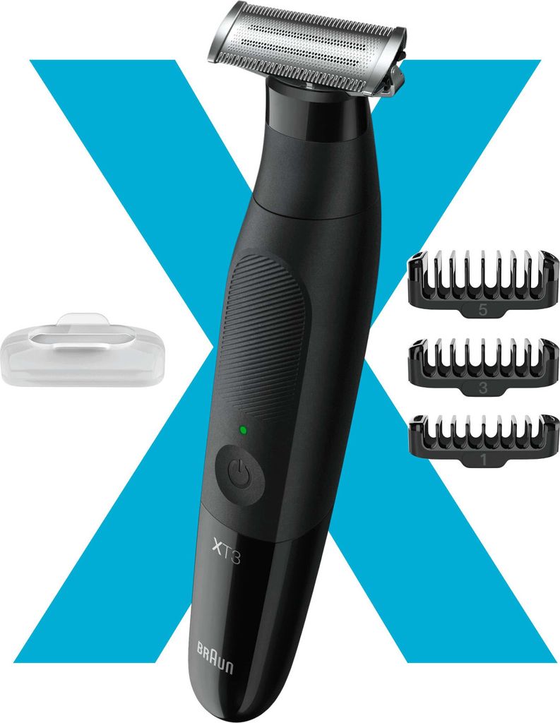 A black Braun XT3100 body groomer with attachments and a protective cap is displayed against a large blue 'X' graphic on a white background.