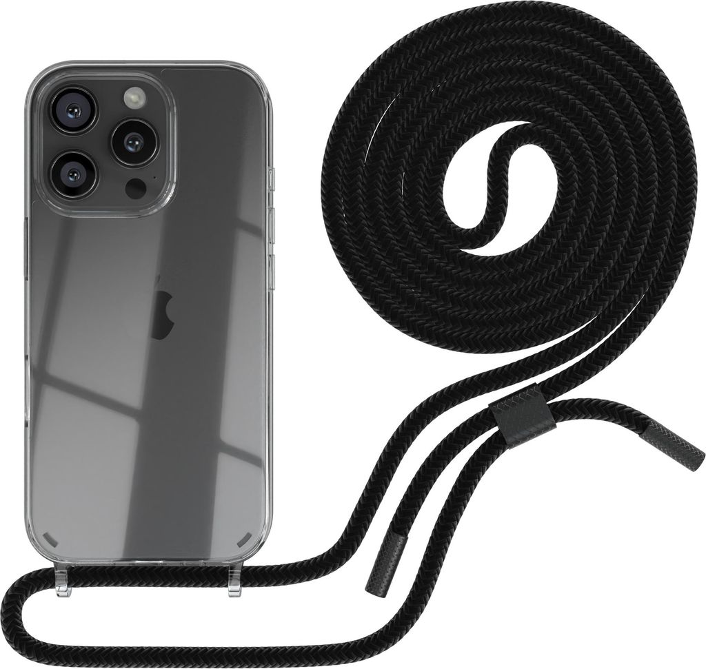 EAZY CASE Handykette für Apple iPhone 16 Pro, Clear Case aus Silikon, mit Umhängeband, abnehmbare Endstücke, Handyband in Schwarz