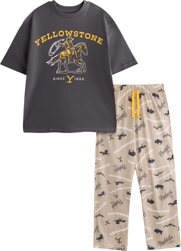 Yellowstone - Schlafanzug mit langer Hose für Herren, kurzärmlig NS9226 (M) (Grau/Braun)