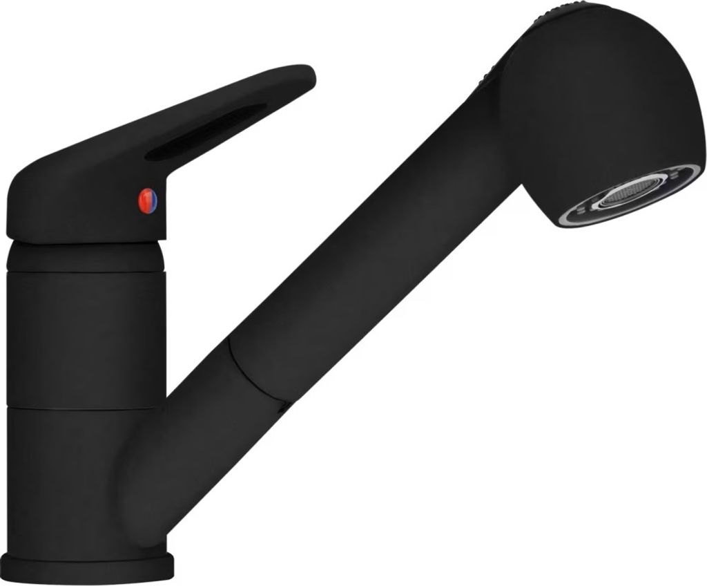 A black kitchen faucet with a pull-out spray head, shown against a white background.