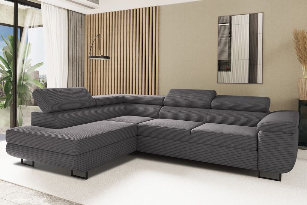 Kaiser Möbel Ecksofa mit schlaffunktion und bettkasten Eckcouch L-Form ATOMIC stoff Poso Links Dunkelgrau