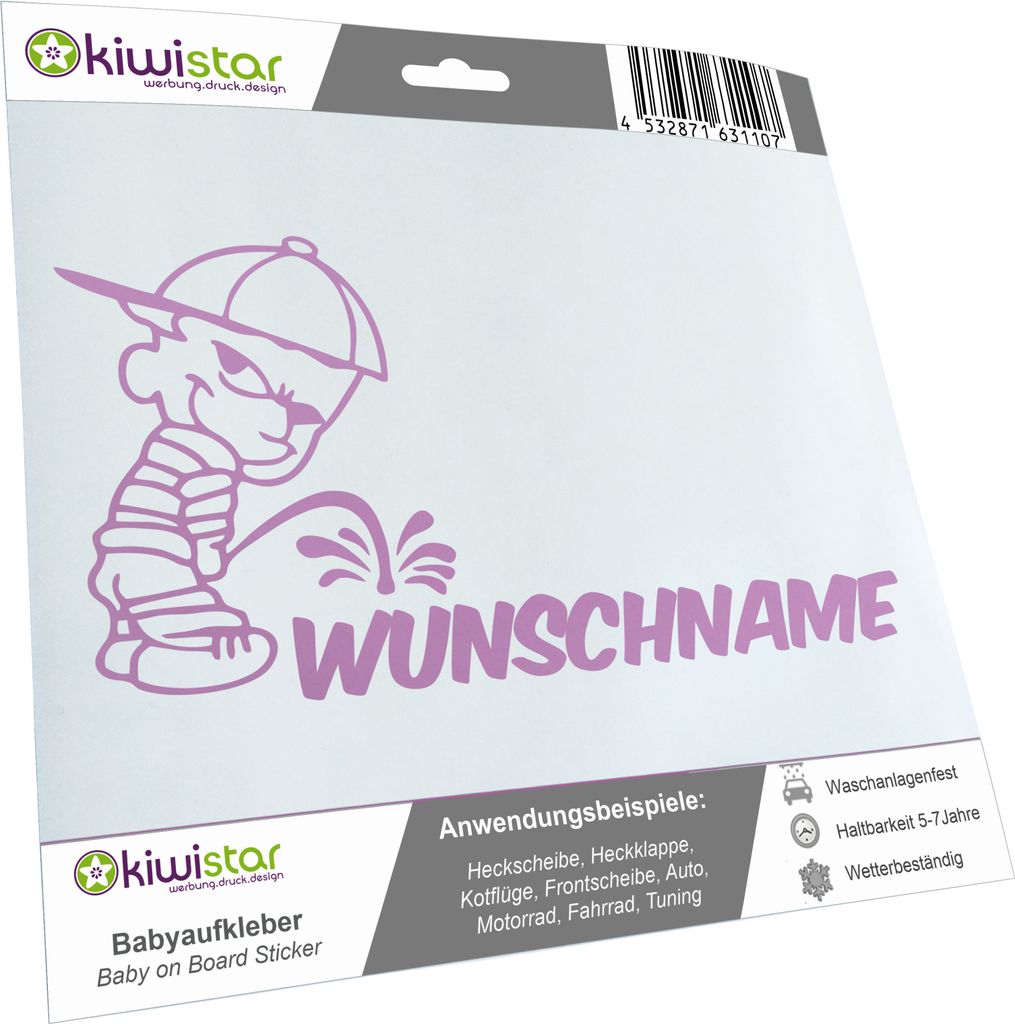 Kiwistar - Autoaufkleber - Piss on Wunschname - mit Basecap - 30 cm - flieder - Pissmännchen - Aufkleber für Auto, Laptop, Fahrrad, LKW, Motorrad...