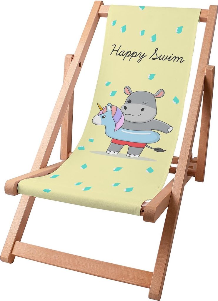 Dreamroots Kinder Liegestuhl klappbar Holz,bis zu 130 kg, Sonnenliege klappbar mit 3-stufiger Neigungsregulierung der Rückenlehne, Happy Swim Boy