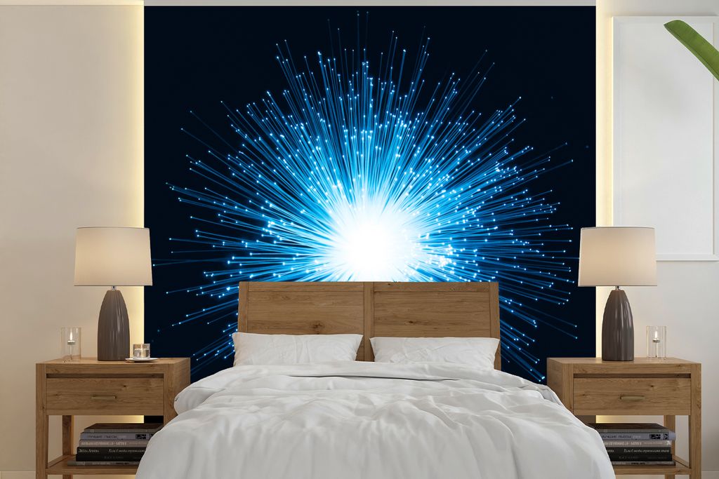 MuchoWow Fototapete für Wohnzimmer oder Schlafzimmer Wandtapete Vinyl Motivtapete Blaues Glühen von Glasfasern in einem dunklen Raum - 260x260 ...