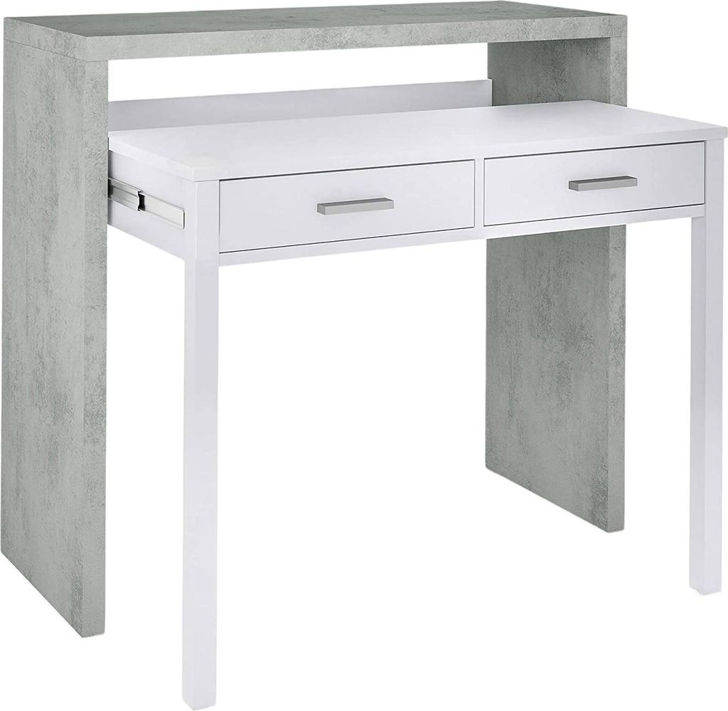 Konsolentisch Billings, Schreibtisch mit ausziehbarer Platte, PC-Schreibtisch mit 2 Schubladen, 99x36h88 cm, Zement und Weiß