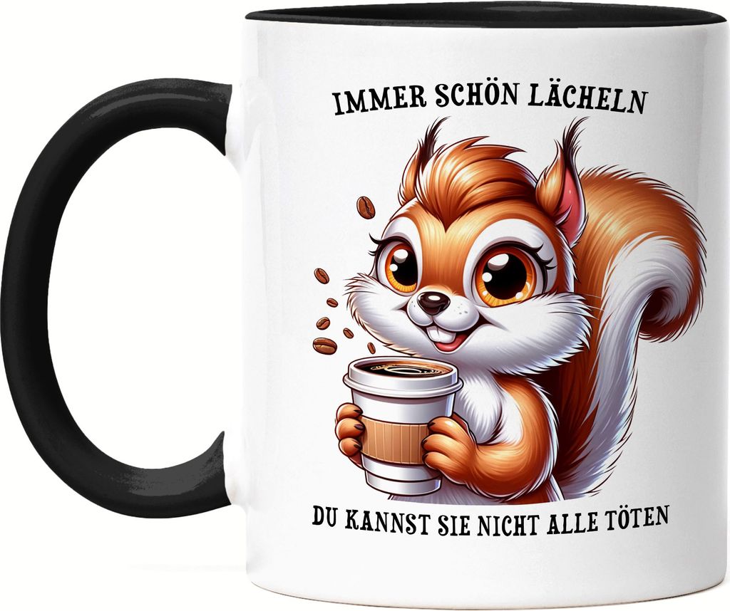 Immer lächeln Eichhörnchen Tasse Schwarz Müde Humor Kaffee Genervt Büro